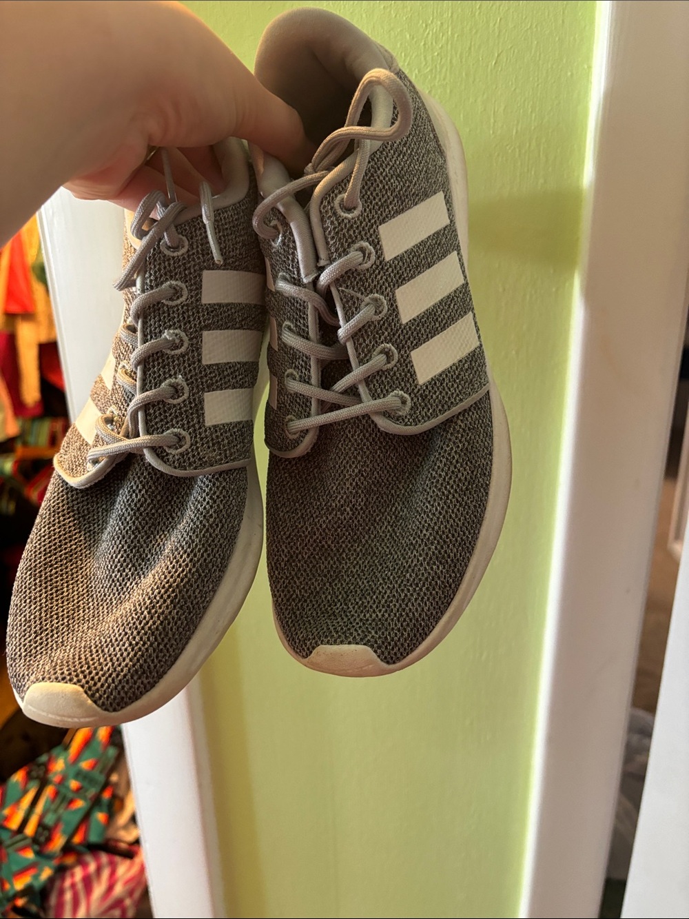 adidas Grey Knit Sneakers with White Stripes and Lace-Up Design